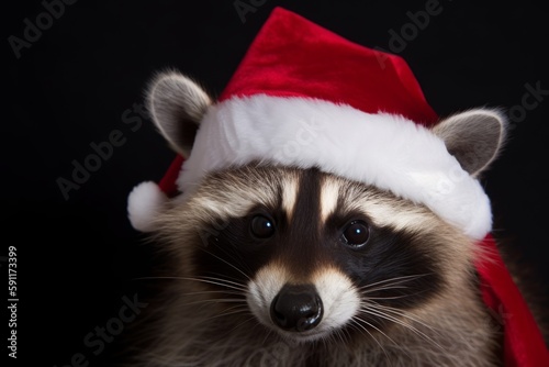 A raccoon in a Santa Claus hat is waiting for the New Year and Christmas  Generative AI