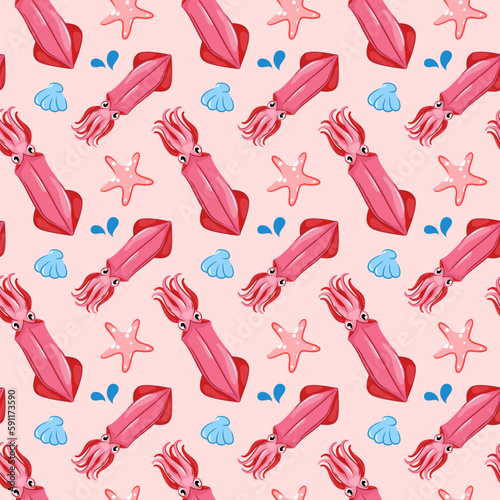 Vector seamless pattern underwater. Repeat the background with crabs, starfish, squid. Funny illustration in pink with cute sea animals