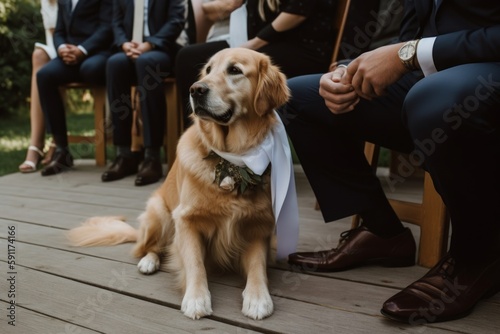 a dog in a bow tie at a wedding with flowers came to congratulate the bride and groom. A wedding ceremony and many people around, Generative AI