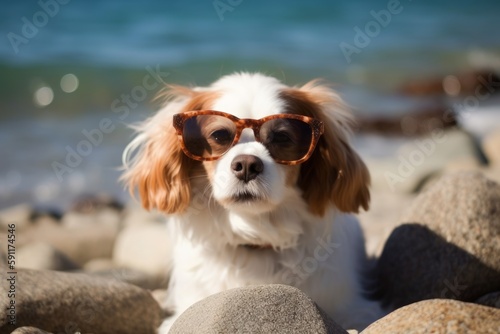 A dog with glasses on the beach basks in the summer sun on the beach. Animal on warm sand surrounded by sea water, Generative AI