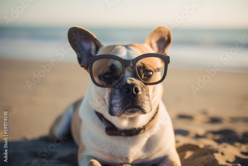 A dog with glasses on the beach basks in the summer sun on the beach. Animal on warm sand surrounded by sea water, Generative AI © vasyan_23