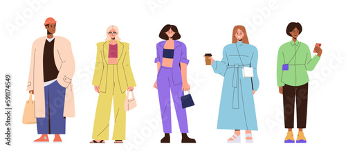 Set of fashion women and man characters wearing stylish casual trendy outfit and accessories
