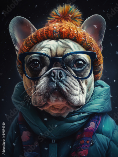 Pug dog in a hat in snowy winter. Generative AI © mr_marcom