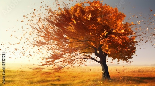 falling leaves from a tree in the sunset AI Generated
