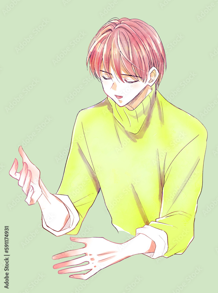 身振り手振りで話す男性　上半身