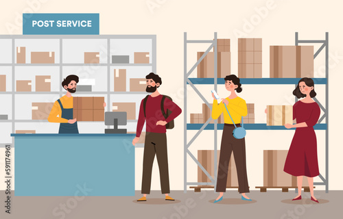 Post office concept. Man and women stand in line for letter or parcel, online shopping. Business correspondence, communication and interaction. Mail and postal. Cartoon flat vector illustration