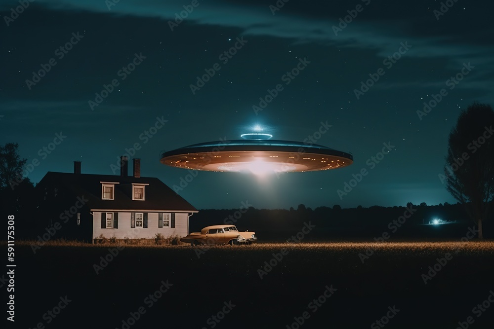 A large flying saucer hovered in the night sky over a farm. UFO invasion. Unidentified object. Generative AI A large flying saucer hovered in the night sky over a farm. UFO invasion. Unidentified object. Generative AI