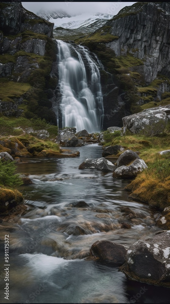 Imaginary waterfall in Scandinavia, AI generative image Imaginary waterfall in Scandinavia, AI generative image