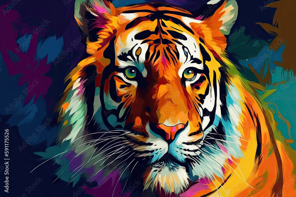 Colorful painting of a tiger vibrant in modern and beautiful style, cute tiger painting. Generative AI.