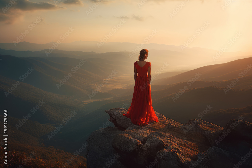 A stunning photo of a young woman in a red dress standing triumphantly atop a mountain peak, basking in the warm, golden light of the sunrise. Generative AI.
