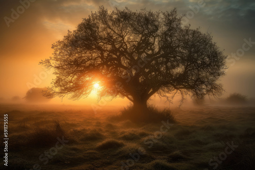 Solitary tree, shrouded in mist, silhouetted against the setting sun. A warm color creates a dreamy atmosphere. Depth to the mist, evoking a sense of mystery and intrigue. Generative AI.