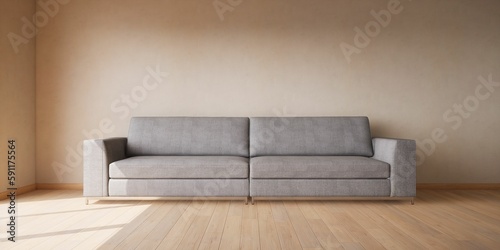 Canapé gris devant un mur en béton ciré, illustration pour graphisme, rendu 3d