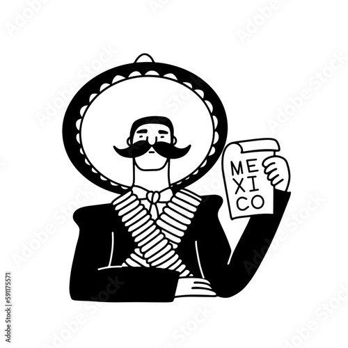 Emiliano Zapata mexican revolutionary hero character in doodle style. Male mexican with crossed ammunition belts, sombrero and paper sheet. Linear isolated vector illustration black on white.