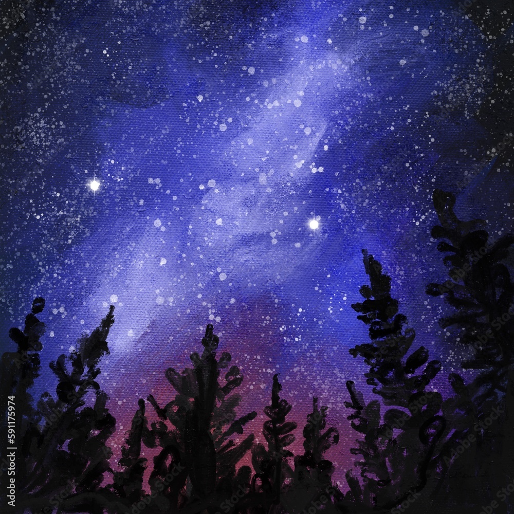 Hand drawn illustration of night stars in forest wood mountains hills, dawn woodland. Dark scene landscape, oil painting texture, sunset outdoor adventure, nature design mist fog panorama light, pine Hand drawn illustration of night stars in forest wood mountains hills, dawn woodland. Dark scene landscape, oil painting texture, sunset outdoor adventure, nature design mist fog panorama light, pine