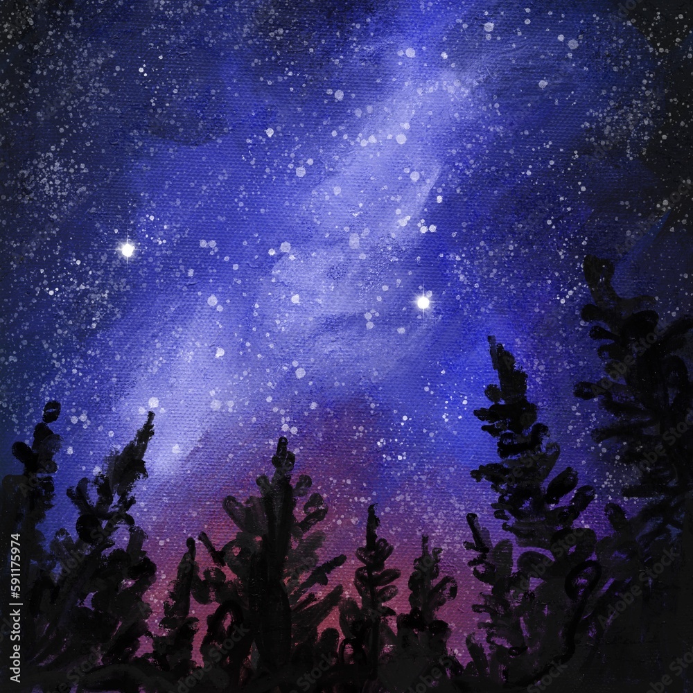 Hand drawn illustration of night stars in forest wood mountains hills, dawn woodland. Dark scene landscape, oil painting texture, sunset outdoor adventure, nature design mist fog panorama light, pine