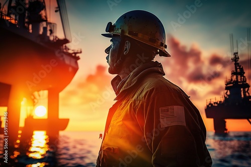 A worker in a hard hat against the background of an offshore oil platform, a derrick and a sunset. Generative AI photo