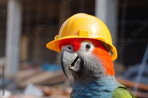 Engineer parrot in a work helmet on a construction site. Construction of a large house from cement and building materials, Generative AI
