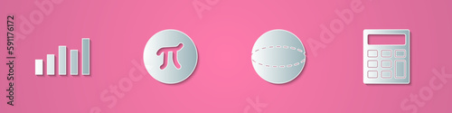 Set paper cut Graph, schedule, chart, diagram, Pi symbol, Geometric figure Sphere and Calculator icon. Paper art style. Vector