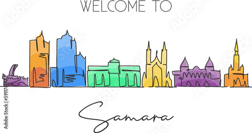 One single line drawing Samara city skyline, Russia. World historical town landscape postcard. Best place holiday destination. Editable stroke trendy continuous line draw design vector illustration