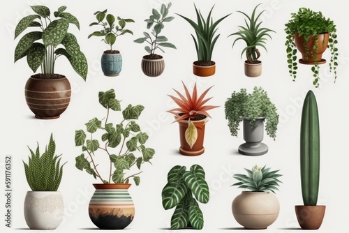 Collection Of Beautiful Plants In Ceramic Pots Isolated On White Background. 3D Rendering. Generative AI