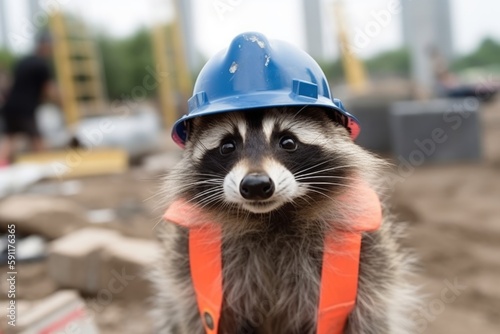 Engineer raccoon in a work helmet on a construction site. Construction of a large house from cement and building materials, Generative AI