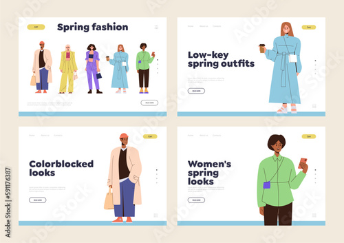 Set of landing page design template with elegant trendy fashion model character advertising clothes