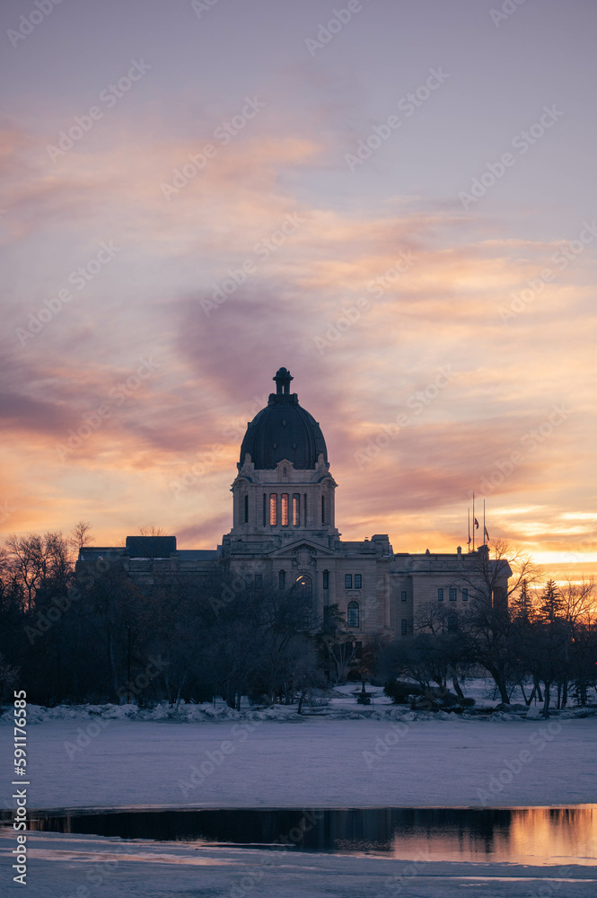 Regina Saskatchewan in Spring with Melting Snow at Sunset 