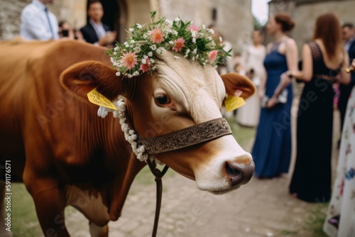 a cow at a wedding with flowers came to congratulate the bride and groom. A wedding ceremony and many people around, Generative AI © vasyan_23