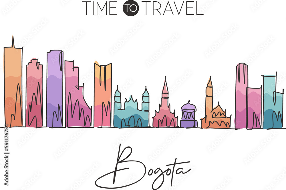 Fototapeta premium Single continuous line drawing Bogota city skyline, Colombia. Famous city scraper landscape postcard. World travel destination concept. Editable stroke modern one line draw design vector illustration