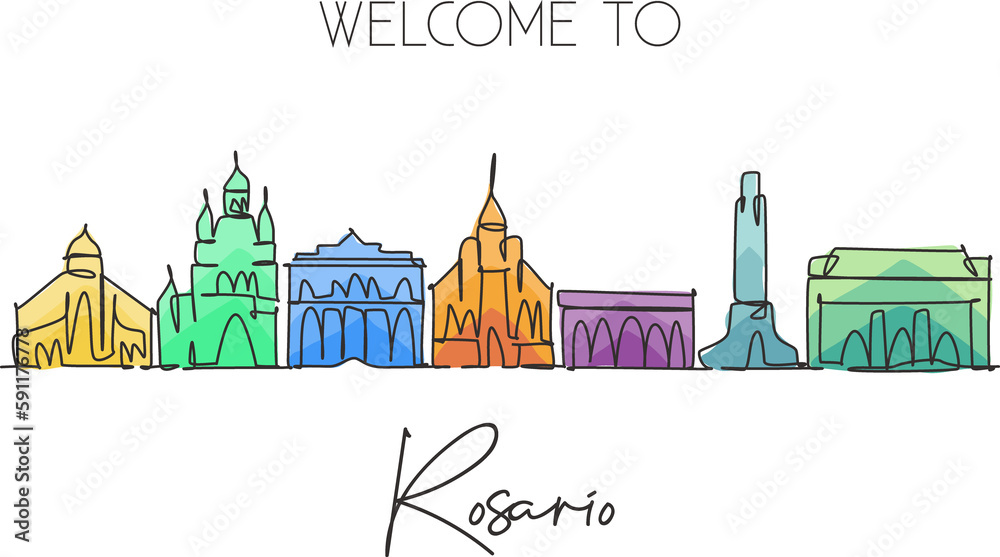 Naklejka premium One single line drawing Rosario city skyline, Argentina. World historical town landscape. Best holiday destination wall decor poster print art. Trendy continuous line draw design vector illustration