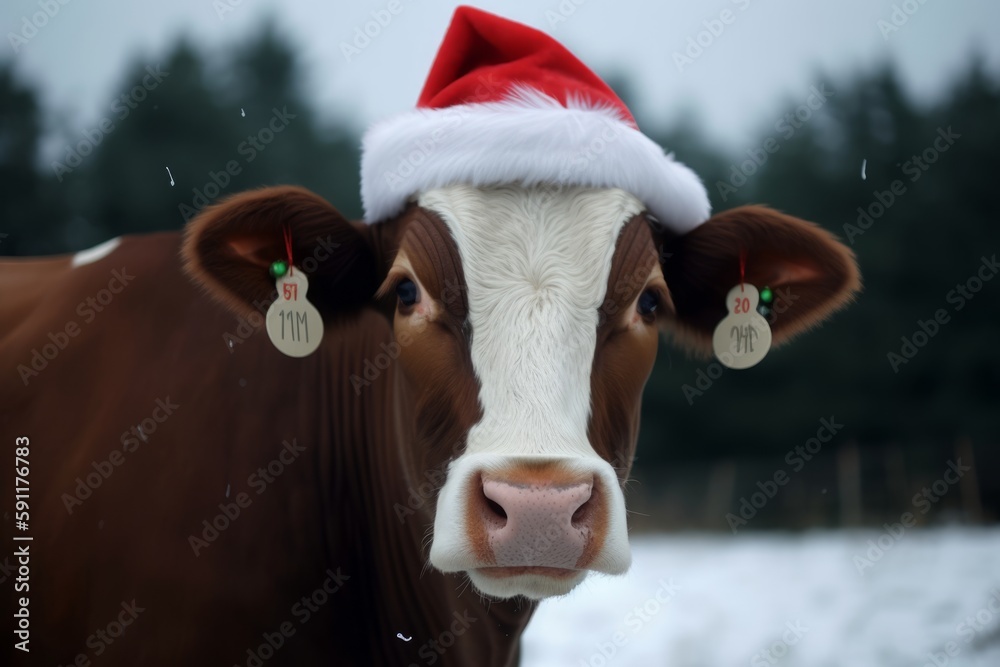 Naklejka premium A cow in a Santa Claus hat is waiting for the New Year and Christmas, Generative AI