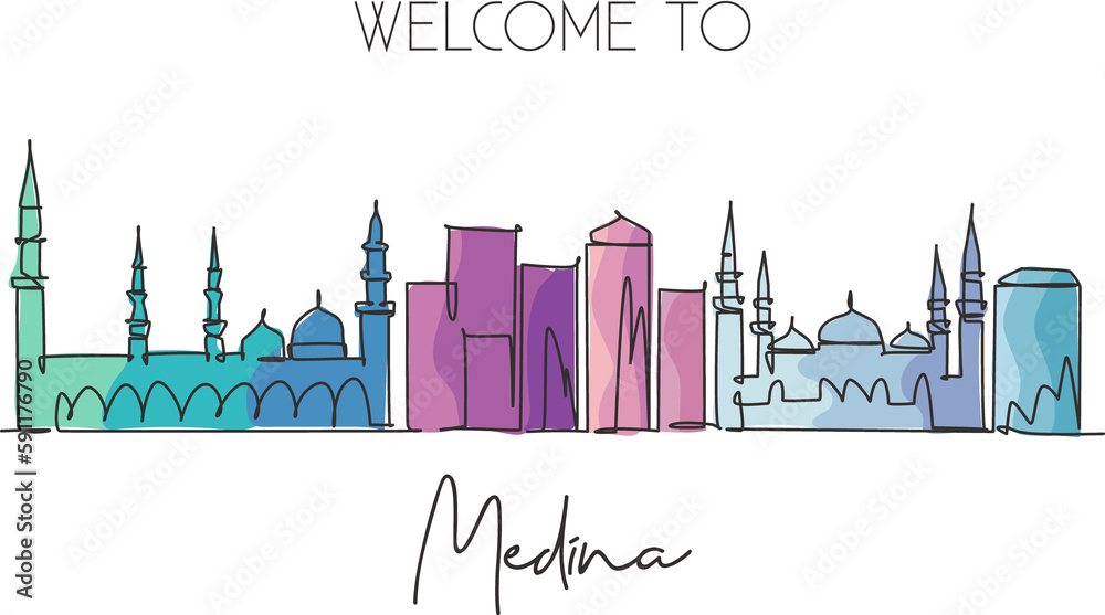 One single line drawing of Medina city skyline, Saudi Arabia. World historical town landscape. Best place holiday destination. Editable stroke trendy continuous line draw design vector illustration