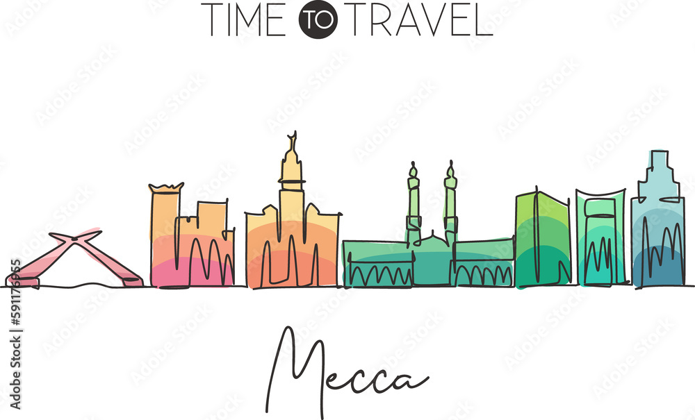 Single continuous line drawing of Mecca holy city skyline, Saudi Arabia. Famous city scraper landscape. World travel home decor wall art poster print. Modern one line draw design vector illustration