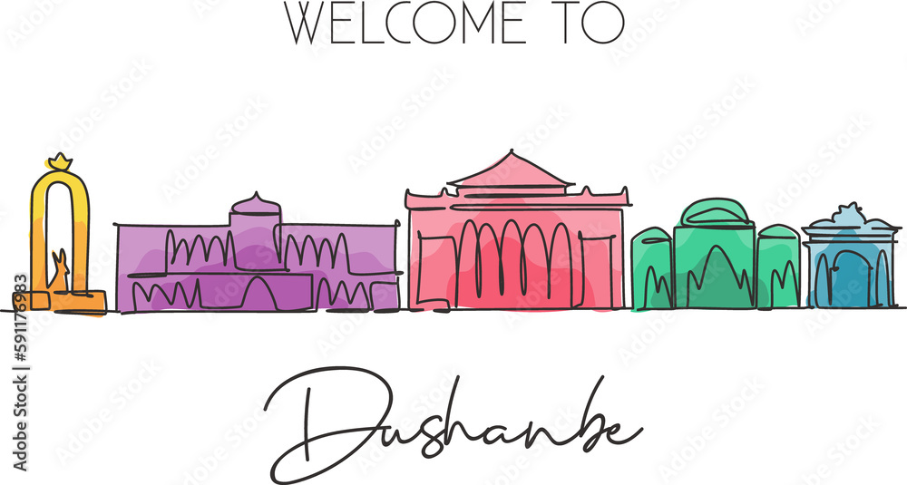 One single line drawing of Dushanbe city skyline, Tajikistan. World historical town landscape. Best holiday destination postcard. Editable stroke trendy continuous line draw design vector illustration