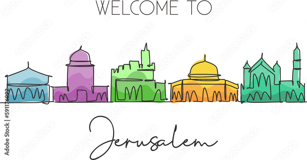One continuous line drawing Jerusalem holy city skyline, Palestine. Beautiful landmark. World landscape tourism travel vacation. Editable stylish stroke single line draw design vector art illustration