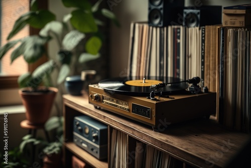 Vintage turntable. A collection of vinyl records on a shelf in the living room. Old style. Generative AI