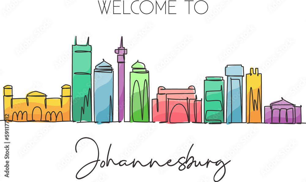 Fototapeta premium One continuous line drawing of Johannesburg city skyline, South Africa. Beautiful landmark wall decor poster print. World landscape tourism travel. Stylish single line draw design vector illustration