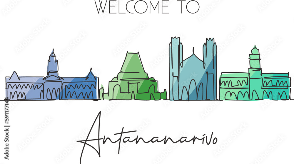 One continuous line drawing of Antananarivo city skyline, Madagascar. Beautiful city landmark. World landscape tourism and travel. Editable stylish stroke single line draw design vector illustration One continuous line drawing of Antananarivo city skyline, Madagascar. Beautiful city landmark. World landscape tourism and travel. Editable stylish stroke single line draw design vector illustration