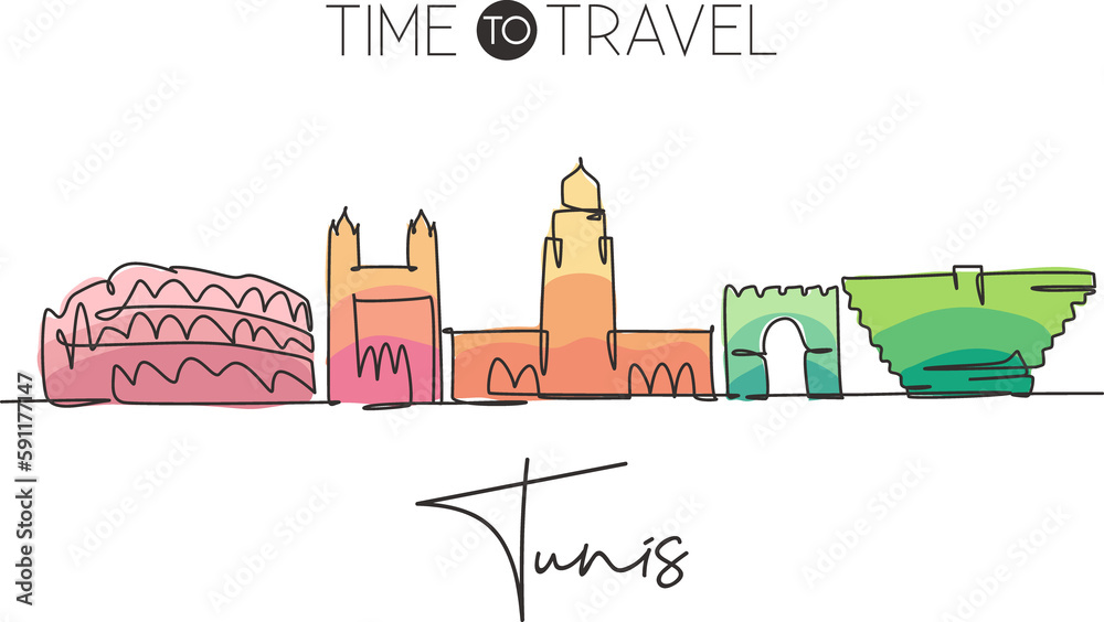 One single line drawing Tunis city skyline, Tunisia. Historical town landscape in world postcard. Best holiday destination. Editable stroke trendy continuous line draw design vector art illustration