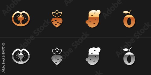 Set Tomato, Turnip, Potato and Plum fruit icon. Vector