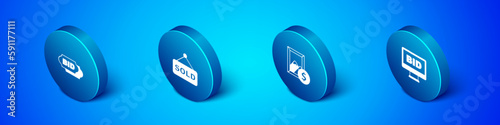 Set Isometric Bid, Auction painting, Online auction and sold icon. Vector