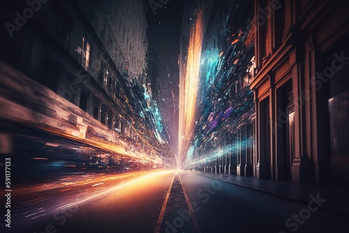 Realistic city street with chaotically moving strips of light. Light trails. Generative AI