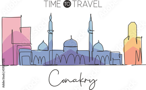Cuadro en lienzo Single continuous line drawing of Conakry city skyline, Guinea