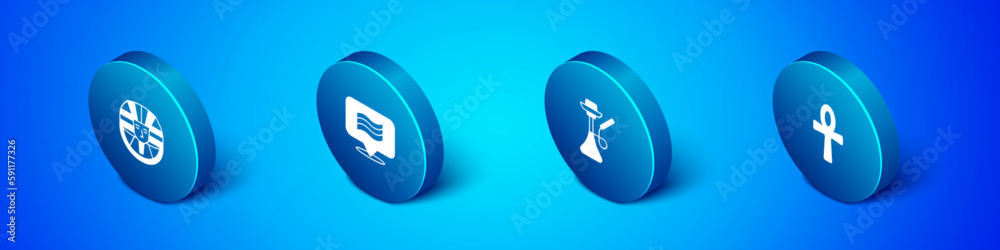 Set Isometric Egyptian pharaoh, Hookah, Cross ankh and Flag Of icon. Vector Set Isometric Egyptian pharaoh, Hookah, Cross ankh and Flag Of icon. Vector