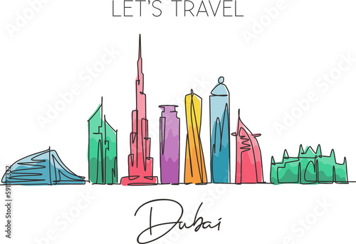 One single line drawing of Dubai city skyline, United Arab Emirates. Historical landscape postcard art. Best holiday destination. Editable stroke trendy continuous line draw design vector illustration