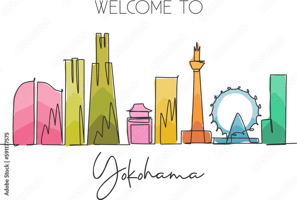 One continuous line drawing of Yokohama city skyline, Japan. Beautiful landmark. World landscape tourism and travel vacation poster. Editable stylish stroke single line draw design vector illustration