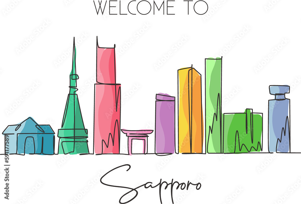 Single continuous line drawing of Sapporo city skyline, Japan. Famous city scraper and landscape. World travel concept home art wall decor poster print. Modern one line draw design vector illustration