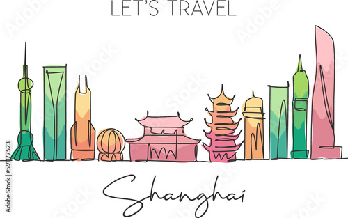 One single line drawing of Shanghai city skyline  China. Historical town landscape in world. Best holiday destination. Editable stroke trendy continuous line draw design vector graphic illustration