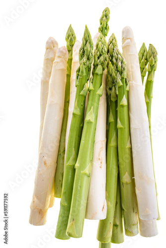 Fresh white and green asparagus tips isolated on white background. Top view photography of spring vegetables. Background for haelthy nutrion.  photo