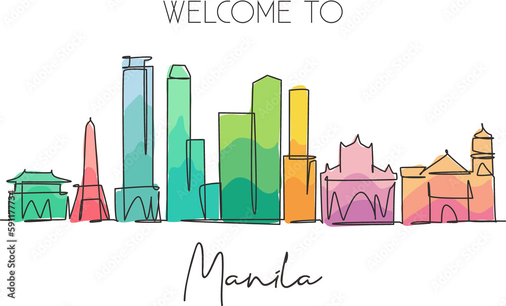 One single line drawing of Manila city skyline, Philippines. Historical town landscape in the world. Best holiday destination. Editable stroke trendy continuous line draw design vector illustration